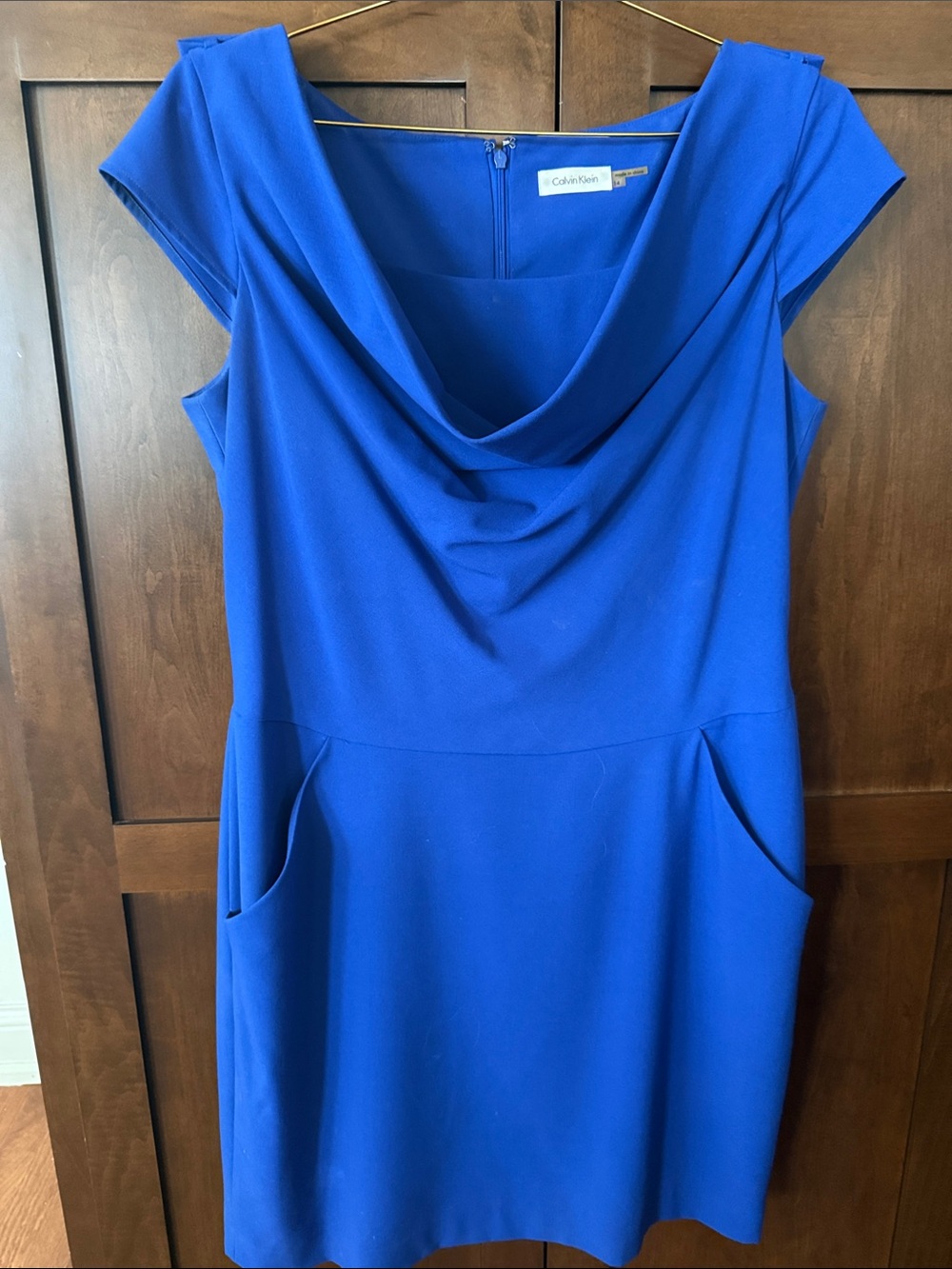 Calvin Klein Bright Blue Cowl Neck Midi Dress with Pockets